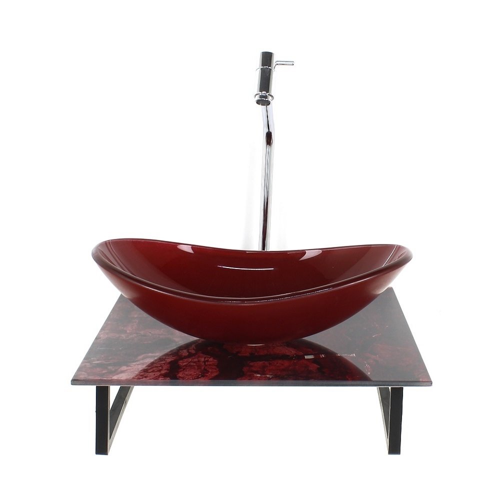 Kit Cuba de Vidro Oval Com Tampo de Vidro 40cm Mármore Avermelhado Mais Suporte SP