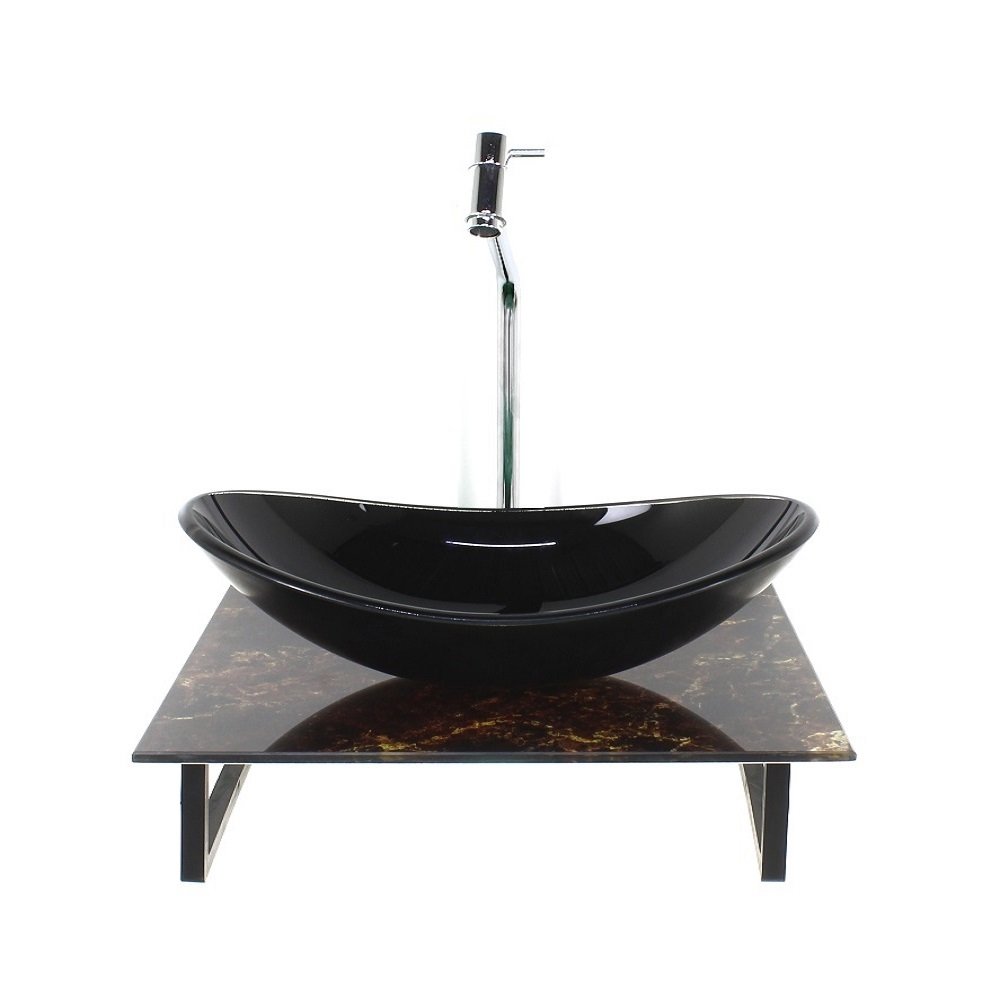 Kit Cuba de Vidro Oval Com Tampo de Vidro 40cm Mármore Imperdador Mais Suporte SP