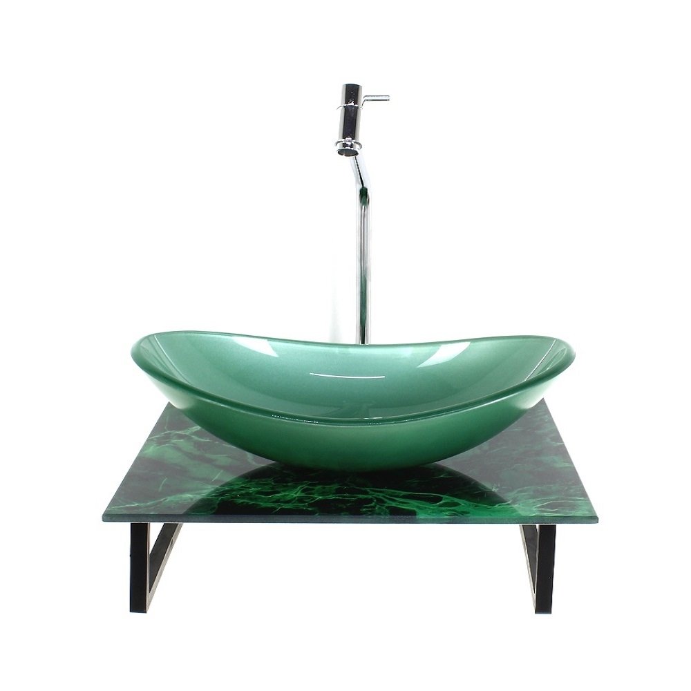 Kit Cuba de Vidro Oval Com Tampo de Vidro 40cm Mármore Verde Mais Suporte SP