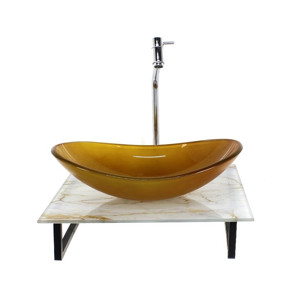 Kit Cuba de Vidro Oval Com Tampo de Vidro 40cm Mármore Branco Dourado Mais Suporte SP