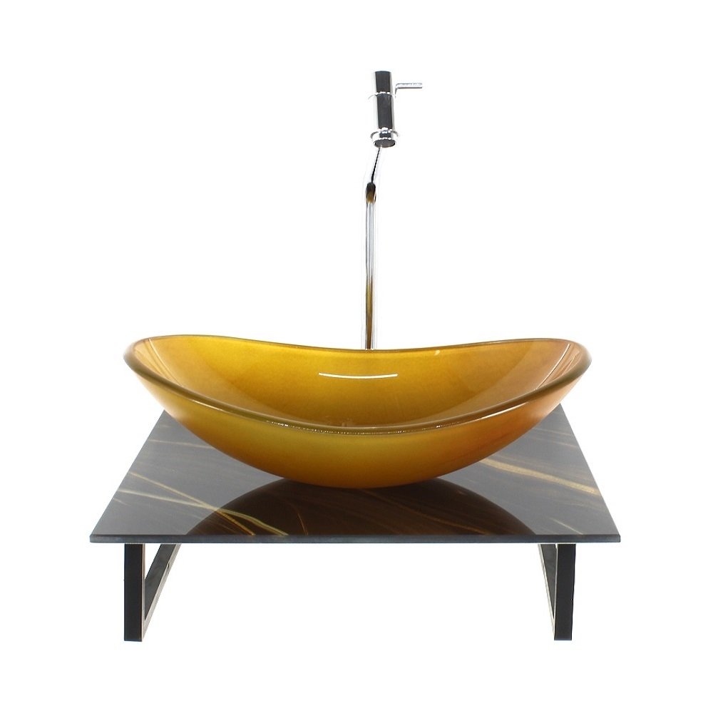 Kit Cuba de Vidro Oval Com Tampo de Vidro 40cm Mármore Preto Dourado Mais Suporte SP