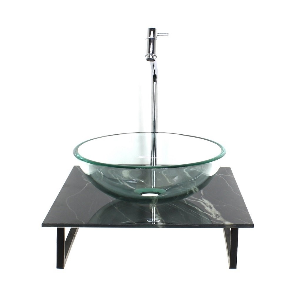 Kit Cuba de Vidro Redonda Incolor Com Tampo de Vidro 40cm Mármore Preto Mais Suporte SP