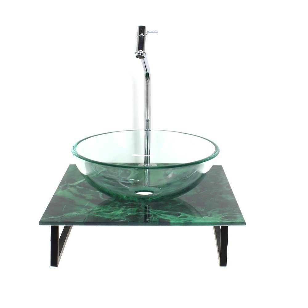 Kit Cuba de Vidro Redonda Incolor Com Tampo de Vidro 40cm Mármore Verde Mais Suporte SP