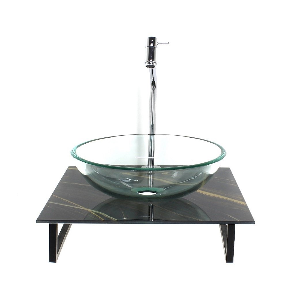 Kit Cuba de Vidro Redonda Incolor Com Tampo de Vidro 40cm Mármore Preto Dourado Mais Supor