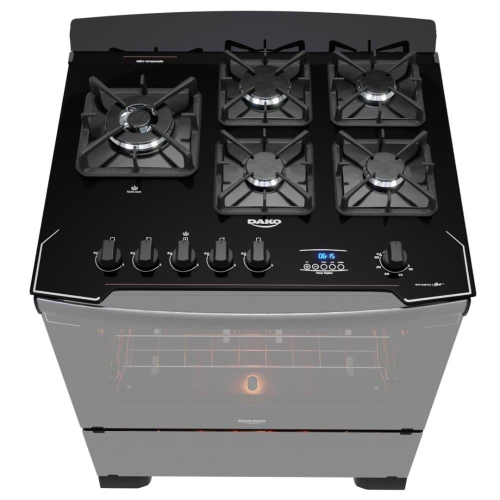 Fogão 5 Bocas Preto com Frente em Vidro Espelhado e Timer Digital Dako Diplomata Glass Grill Fogão 5 Bocas Preto com Frente em Vidro Espelhado e Timer Digital Dako Diplomata Glass Grill