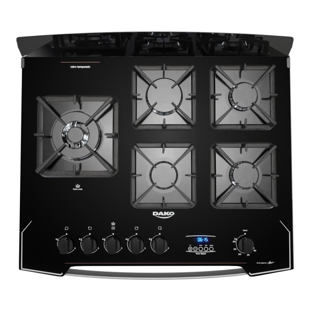 Fogão 5 Bocas Preto com Frente em Vidro Espelhado e Timer Digital Dako Diplomata Glass Grill Fogão 5 Bocas Preto com Frente em Vidro Espelhado e Timer Digital Dako Diplomata Glass Grill