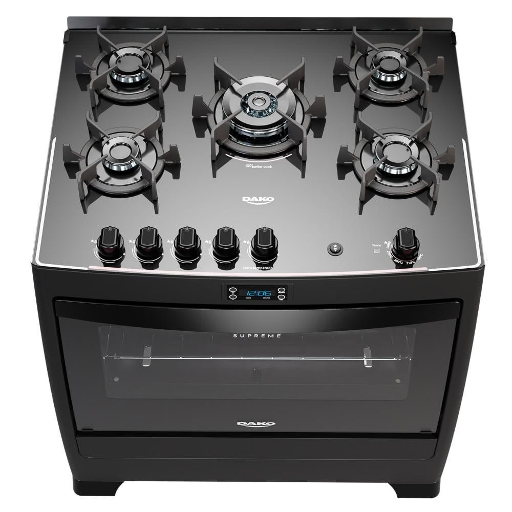 Fogão 5 Bocas Preto com Mesa de Vidro e Timer Digital Dako Supreme Black Glass Bivolt eFácil Fogão 5 Bocas Preto com Mesa de Vidro e Timer Digital Dako Supreme Black Glass Bivolt eFácil