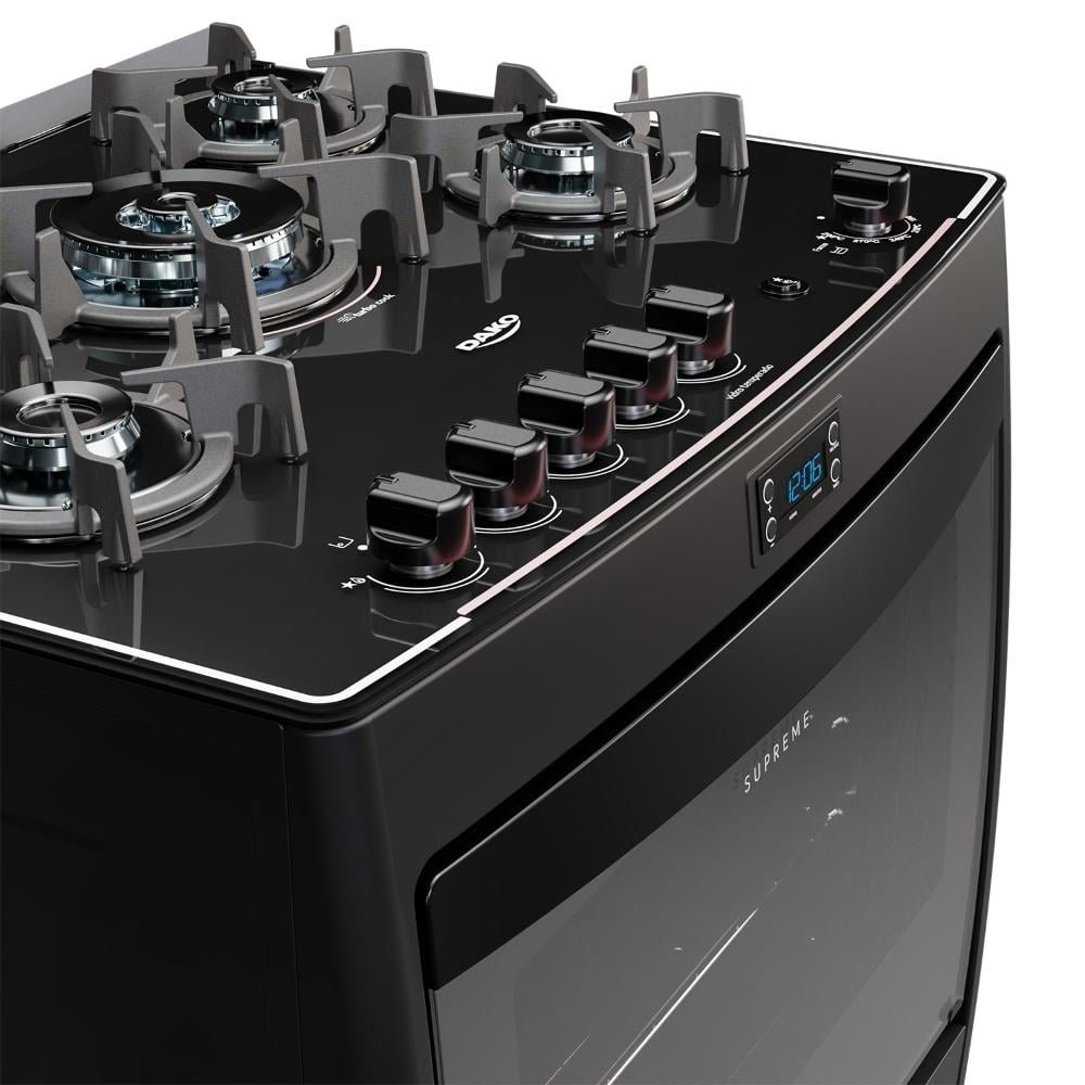 Fogão 5 Bocas Preto com Mesa de Vidro e Timer Digital Dako Supreme Black Glass Bivolt eFácil Fogão 5 Bocas Preto com Mesa de Vidro e Timer Digital Dako Supreme Black Glass Bivolt eFácil