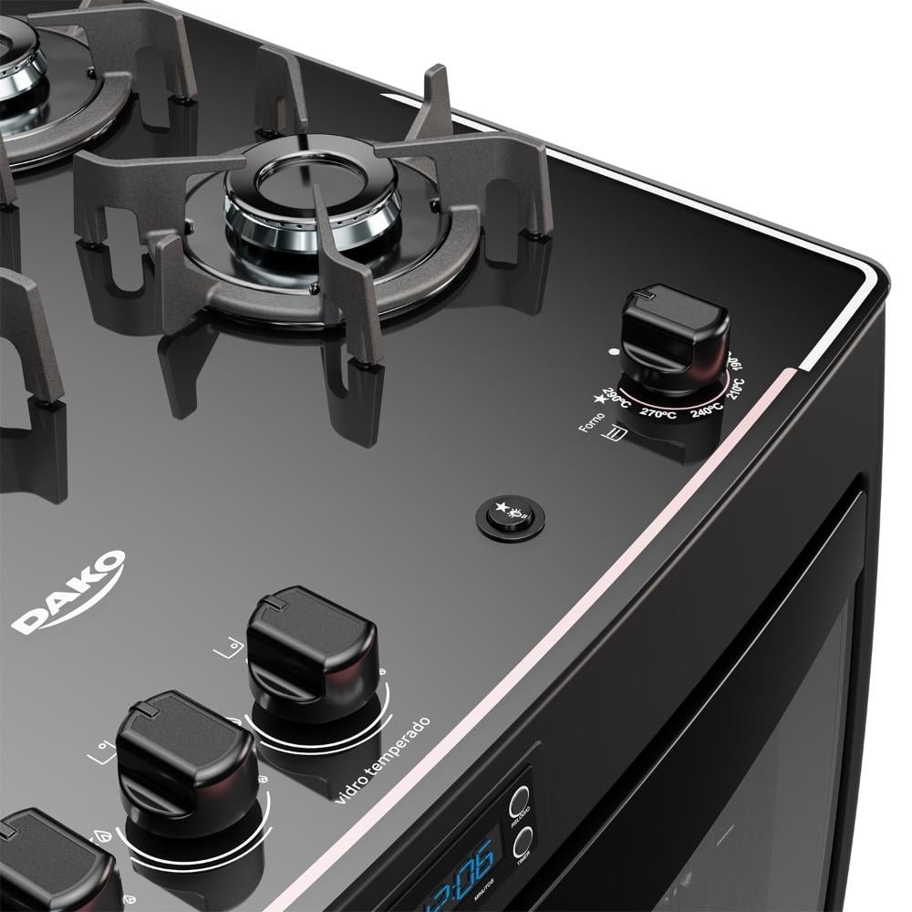 Fogão 5 Bocas Preto com Mesa de Vidro e Timer Digital Dako Supreme Black Glass Bivolt eFácil Fogão 5 Bocas Preto com Mesa de Vidro e Timer Digital Dako Supreme Black Glass Bivolt eFácil