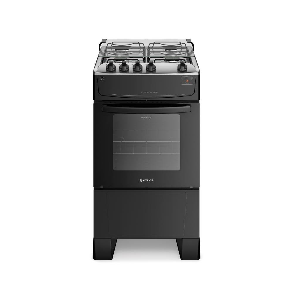 Fogao 4 Bocas Preto com Mesa Inox Atlas Monaco Top Bivolt