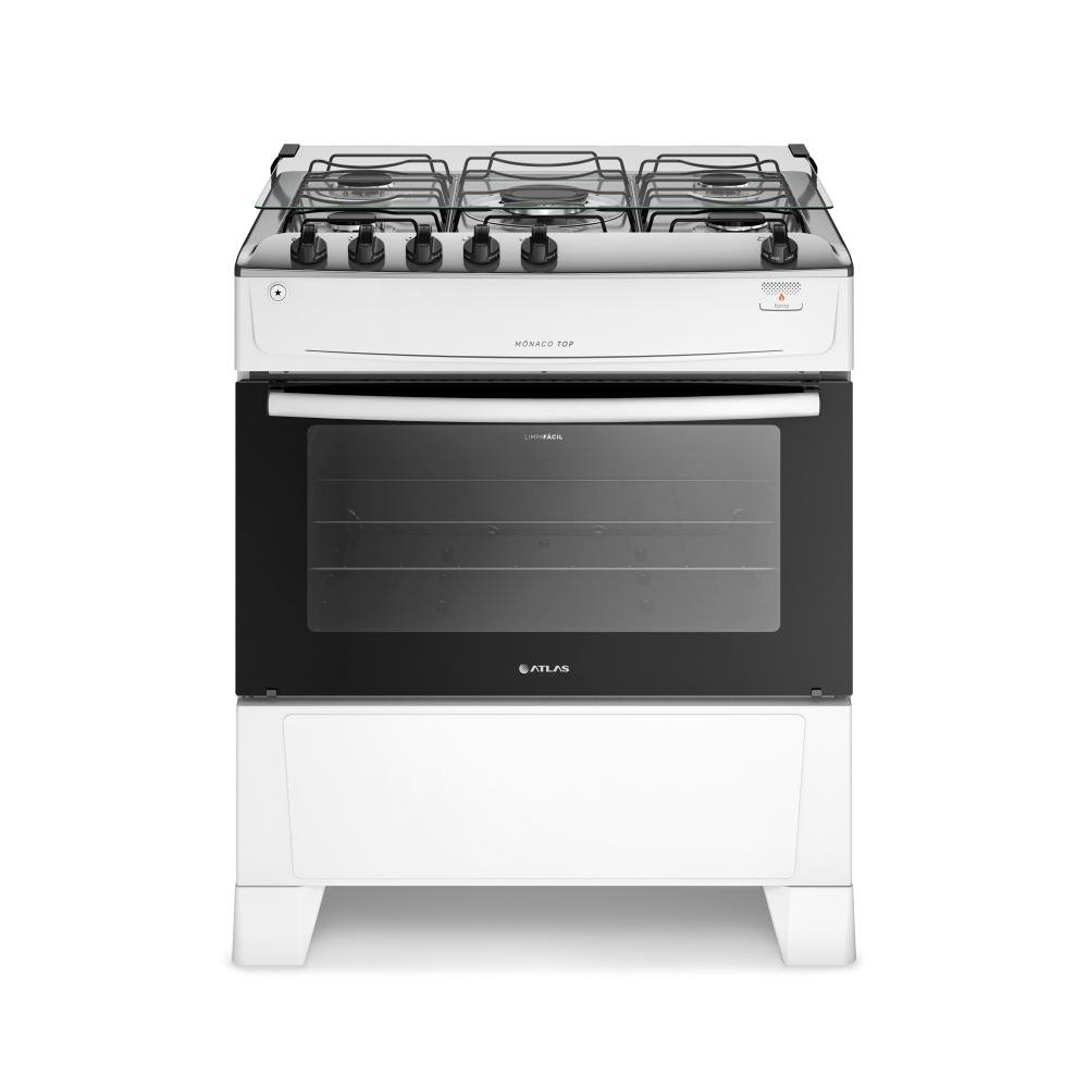 Fogao 5 Bocas Branco com Mesa Inox Atlas Monaco Top Bivolt