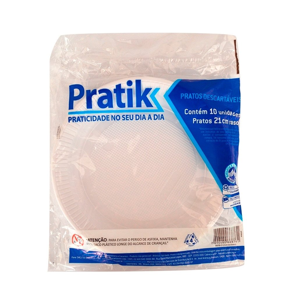 Prato Descartável Pratik Raso Branco 21cm - 50 Embalagens com 10 Unidades
