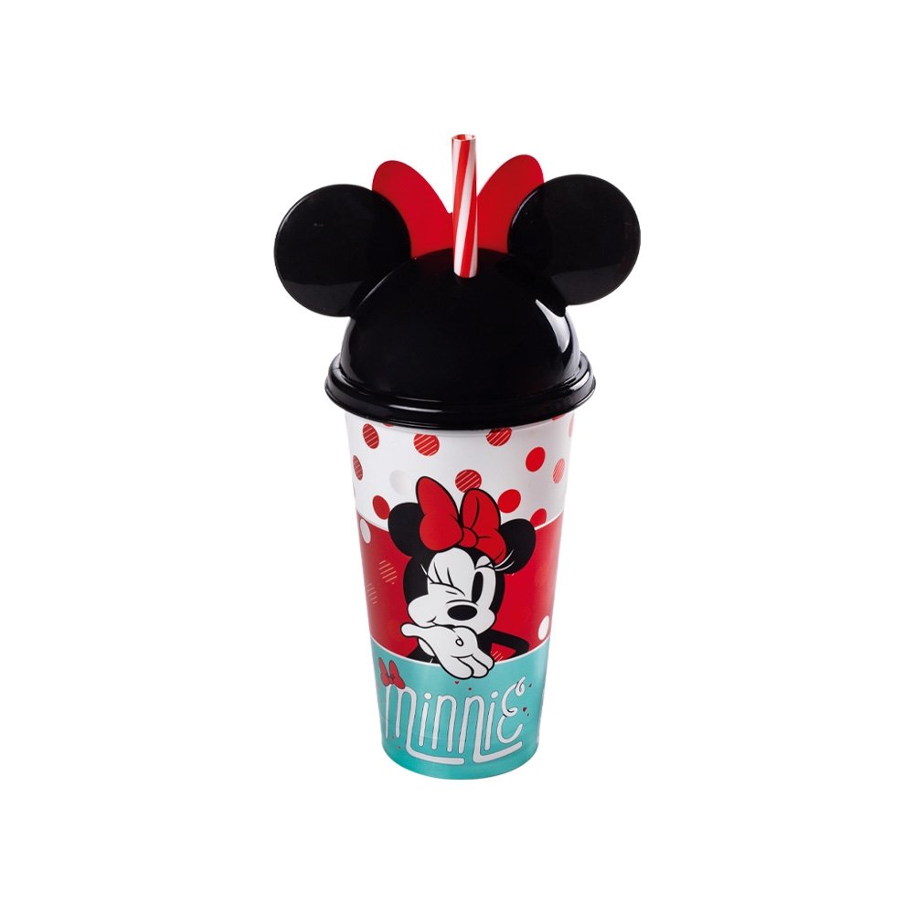 Copo Plasútil Minnie com Canudo e Tampa de Orelha 500ml - Embalagem com 16 Unidades