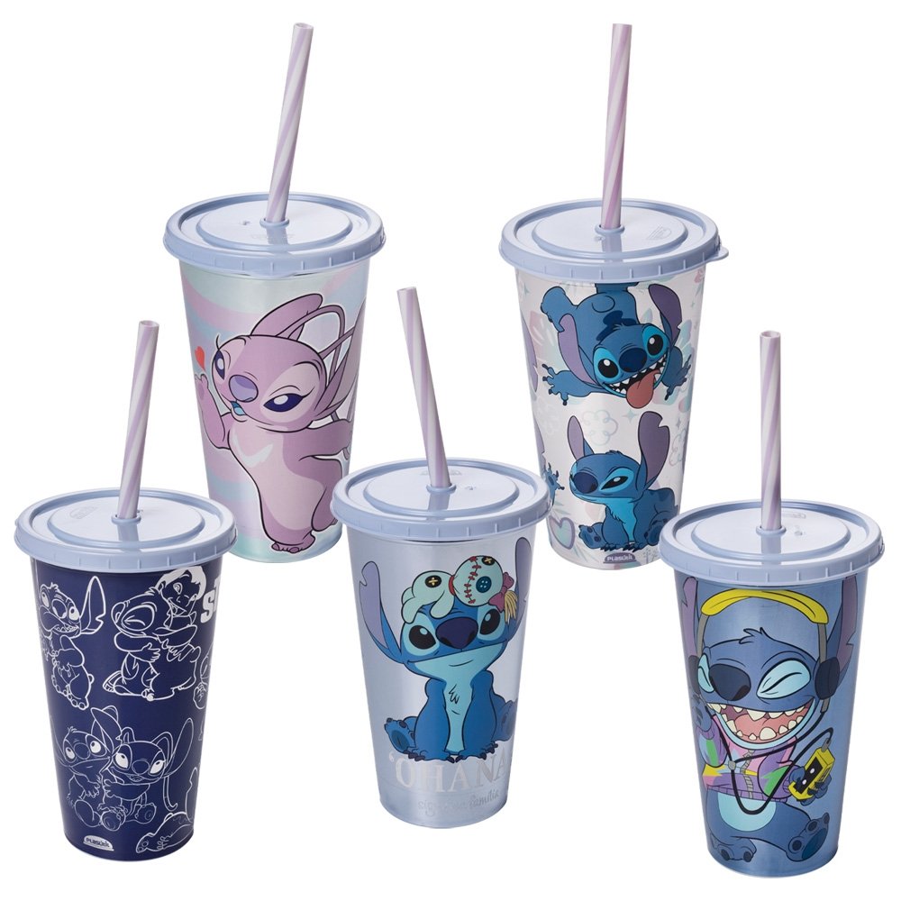 Copo Plasútil Stitch com Tampa e Canudo 500ml - Embalagem com 15 Unidades (SORTIDOS)