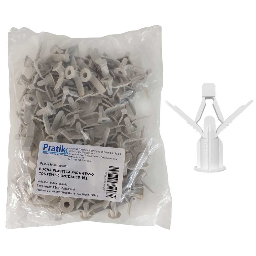 Bucha Plástica Pratik Fixação Gesso N1 Branco - Embalagem com 50 Unidades