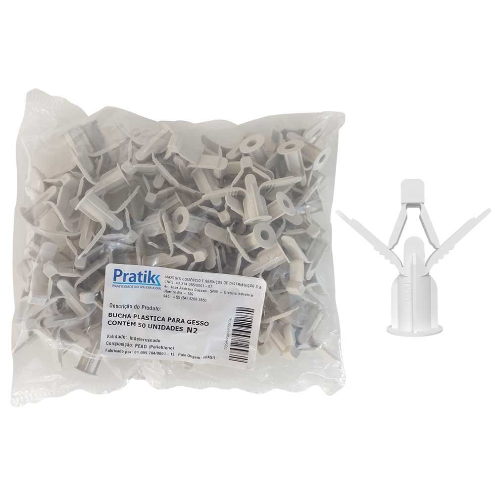 Bucha Plástica Pratik Fixação Gesso N2 Branco - Embalagem com 50 Unidades