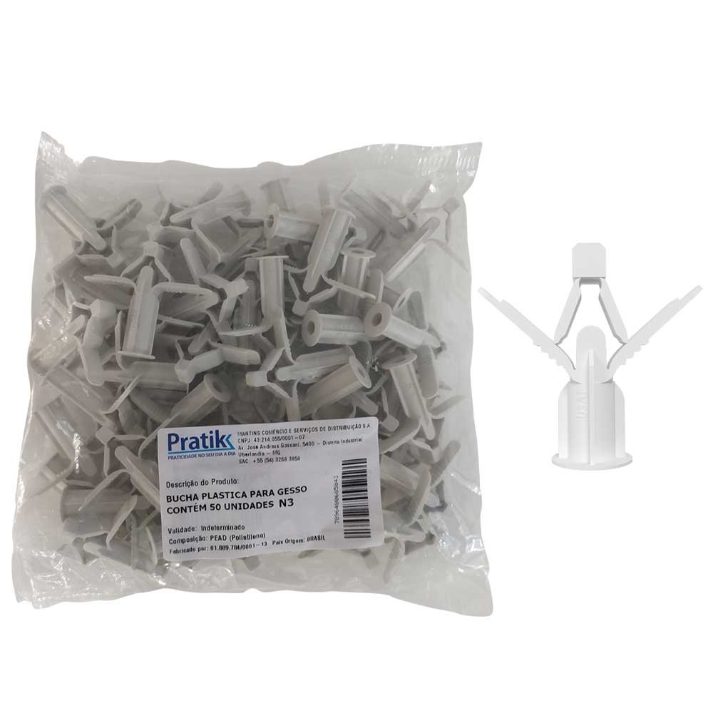 Bucha Plástica Pratik Fixação Gesso N3 Branco - Embalagem com 50 Unidades