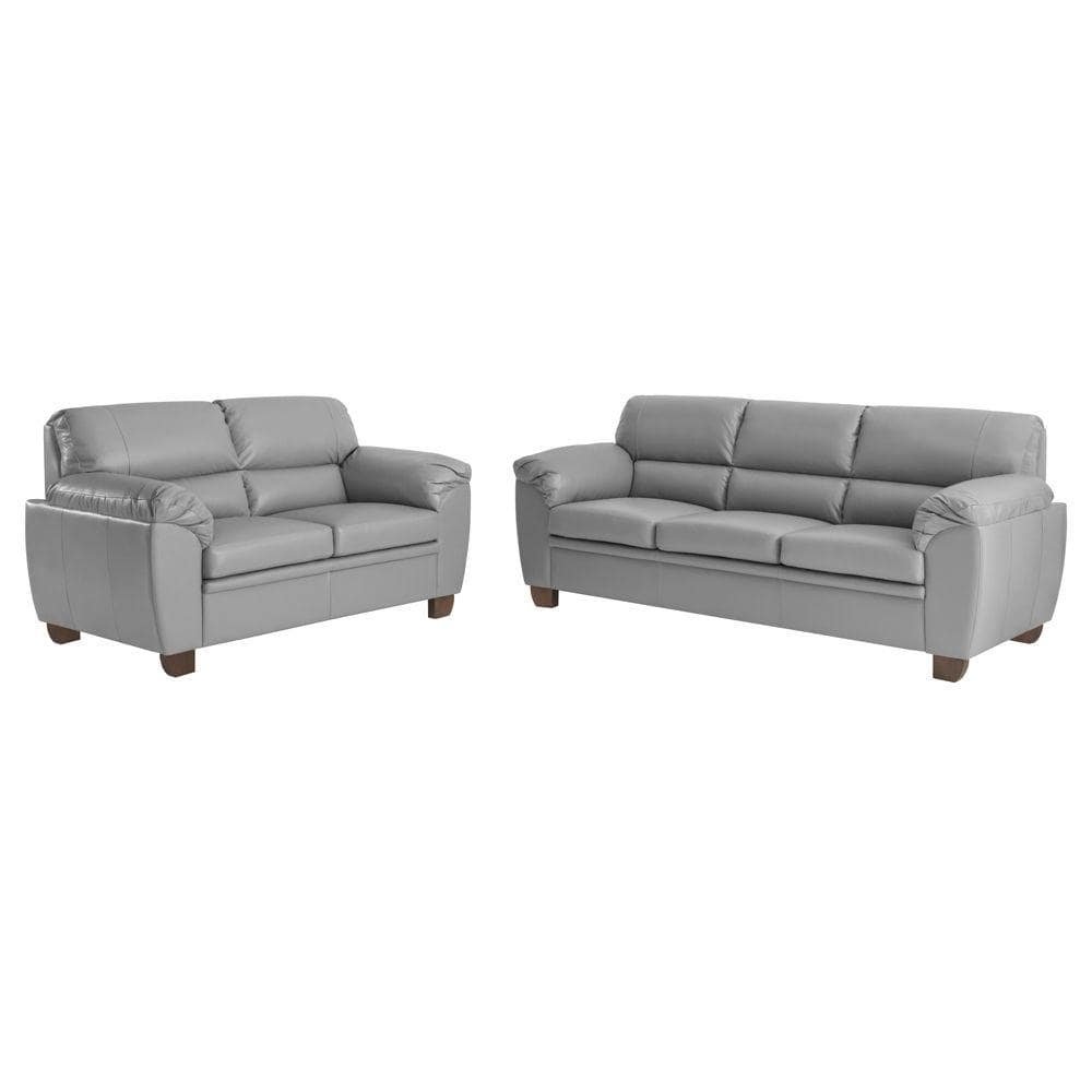 Conjunto de Sofas 2 e 3 Lugares Sala de Estar Pes em Madeira Nauru Couro Cinza G43 - Gran