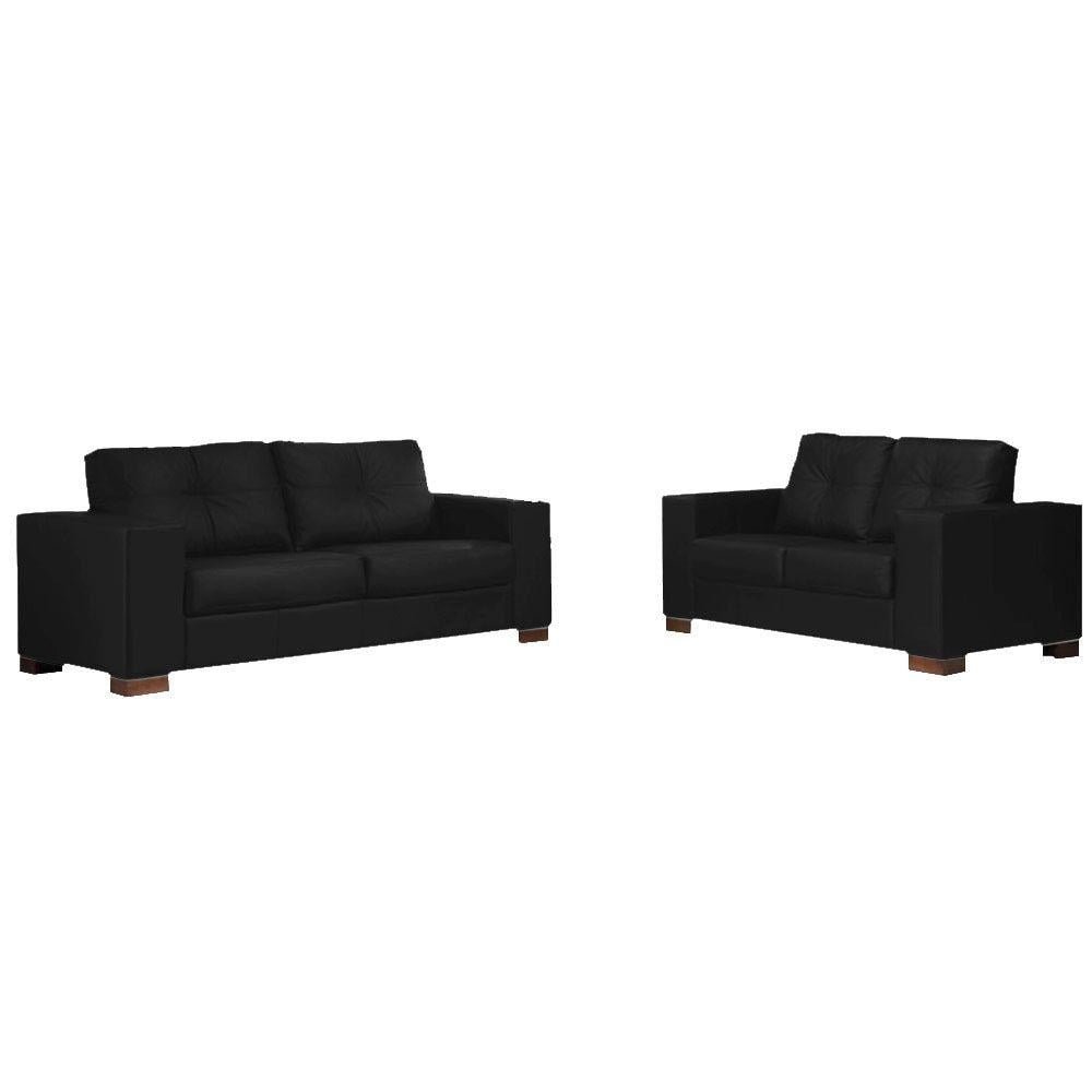 Conjunto Sofa Sala de Estar kenny Pes Madeira Couro Preto G43 - Gran Belo