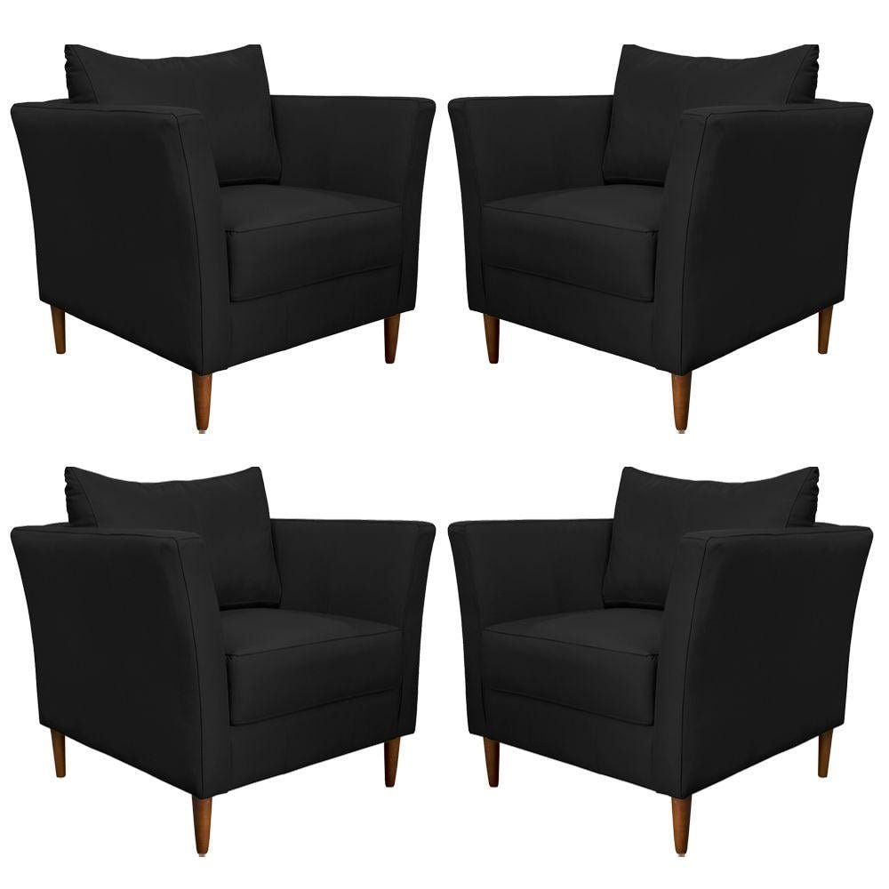 Kit 4 Poltronas Decorativa Sala de Estar Pés Palito Lubbock Couro Preto G58 - Gran Belo