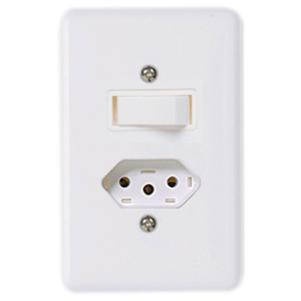 Interruptor Ilumi 1 Tecla Simples + 1 Tomada 2 Polos + Terra com Placa Stylus 6A/20A 250V 4x2