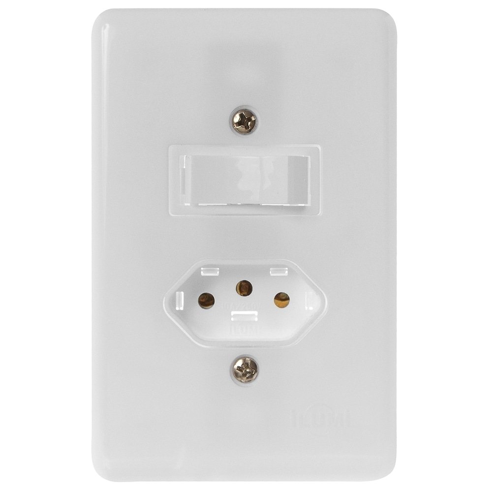 Interruptor Stylus Ilumi 1 Tecla Simples +1 Tomada 2P+T 6-10A 250V Com Placa 4X2