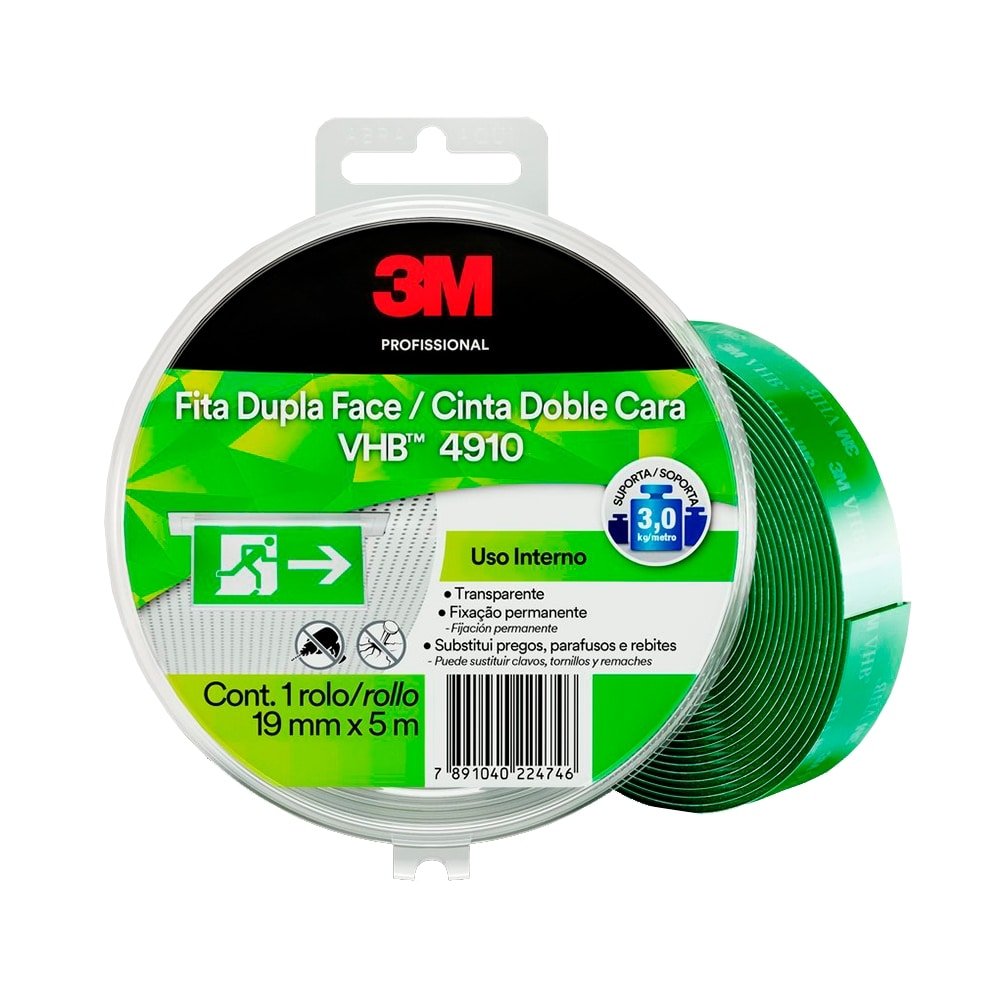 Fita Dupla Face 3M Fixa Forte VHB 4910 Transparente/Verde 19mmx5m Estojo