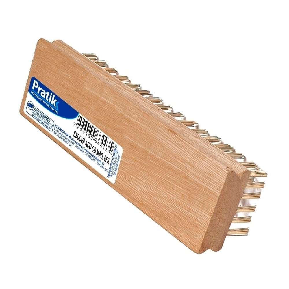 Escova Aco Pratik 6 Fileiras Base Madeira Sem Cabo 177x55mm Cerda 27mm - Embalagem c/ 12 unidades