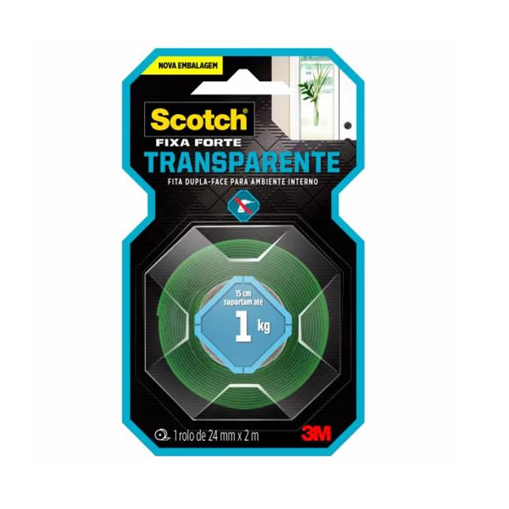 Fita Dupla Face 3M Fixa Forte, Scotch, Transparente, 24mmX2m