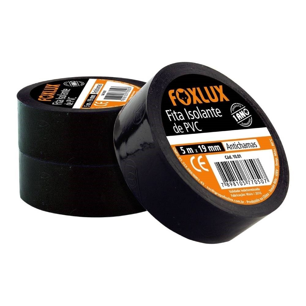 Fita Isolante Foxlux 19mmx5m Preto - Embalagem com 10 Unidades
