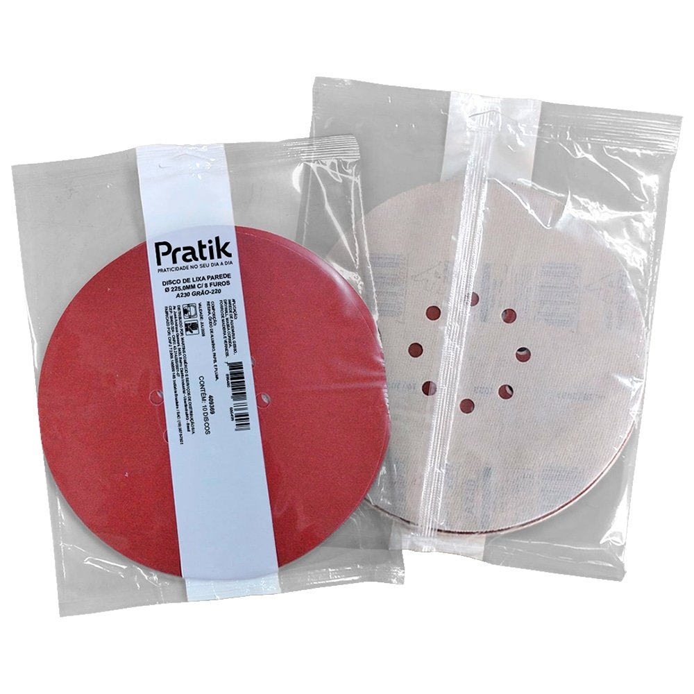 Disco Lixa Massa Pratik A230 - 225mm 8 Furos com Velcro G220 - Embalagem com 10 Unidades