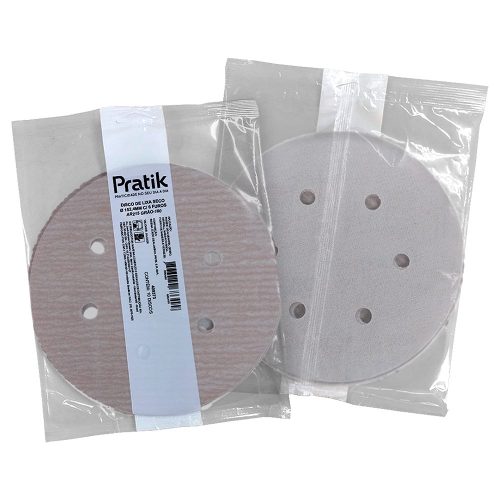 Disco Lixa Seco Pratik AR215 - 152.4mm 6 Furos com Velcro G100 - Embalagem com 10 Unidades