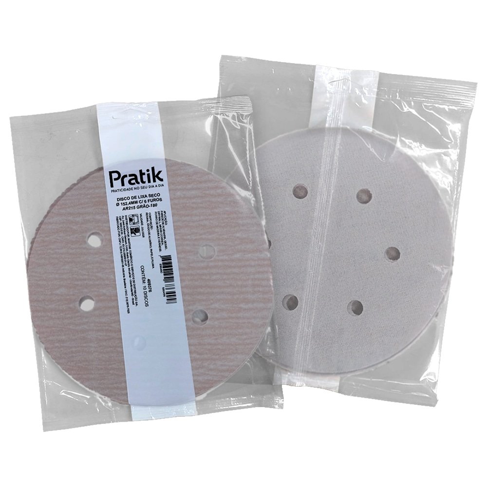 Disco Lixa Seco Pratik AR215 - 152.4mm 6 Furos com Velcro G180 - Embalagem com 10 Unidades