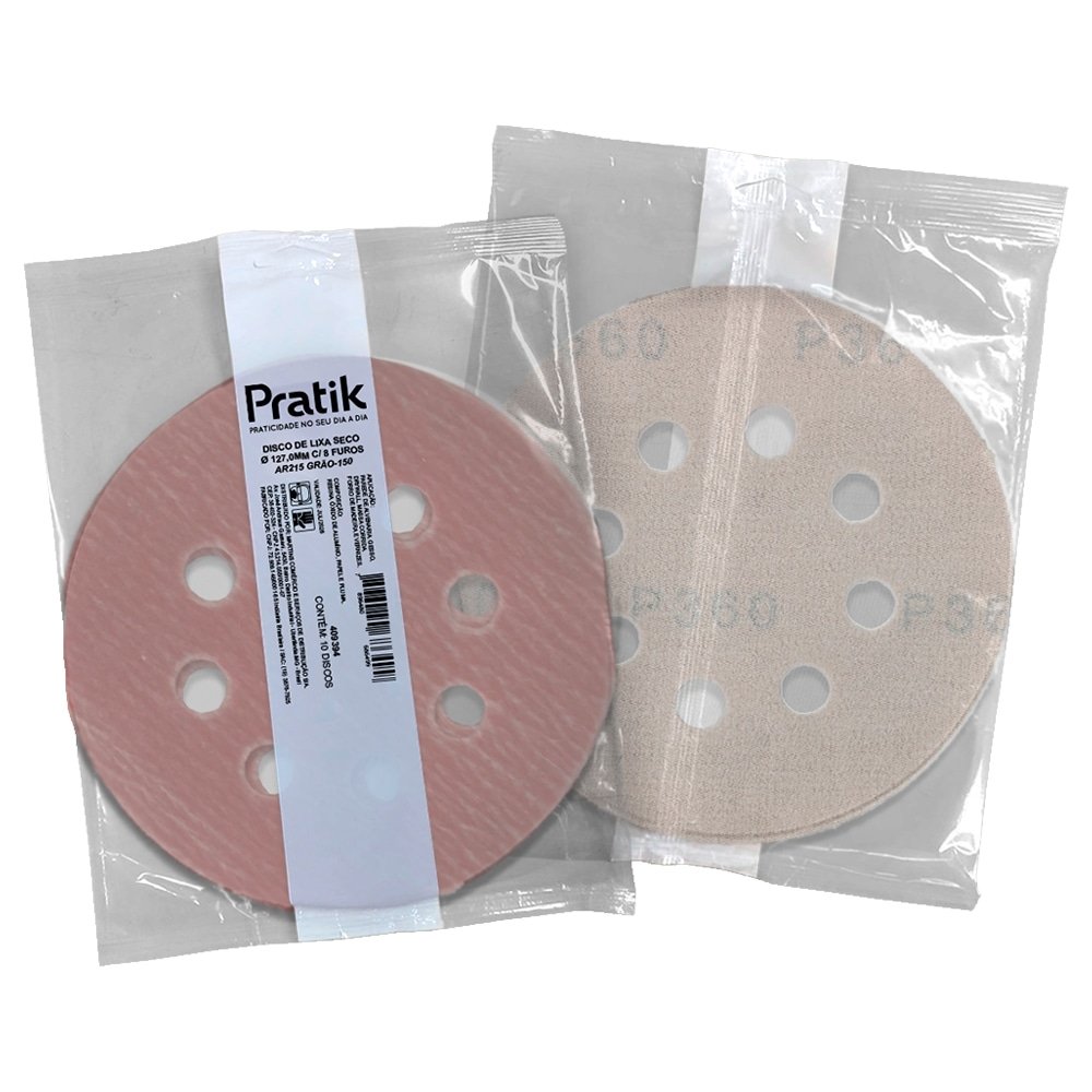 Disco Lixa Seco Pratik AR215 - 127.4mm 8 Furos com Velcro G150 - Embalagem com 10 Unidades