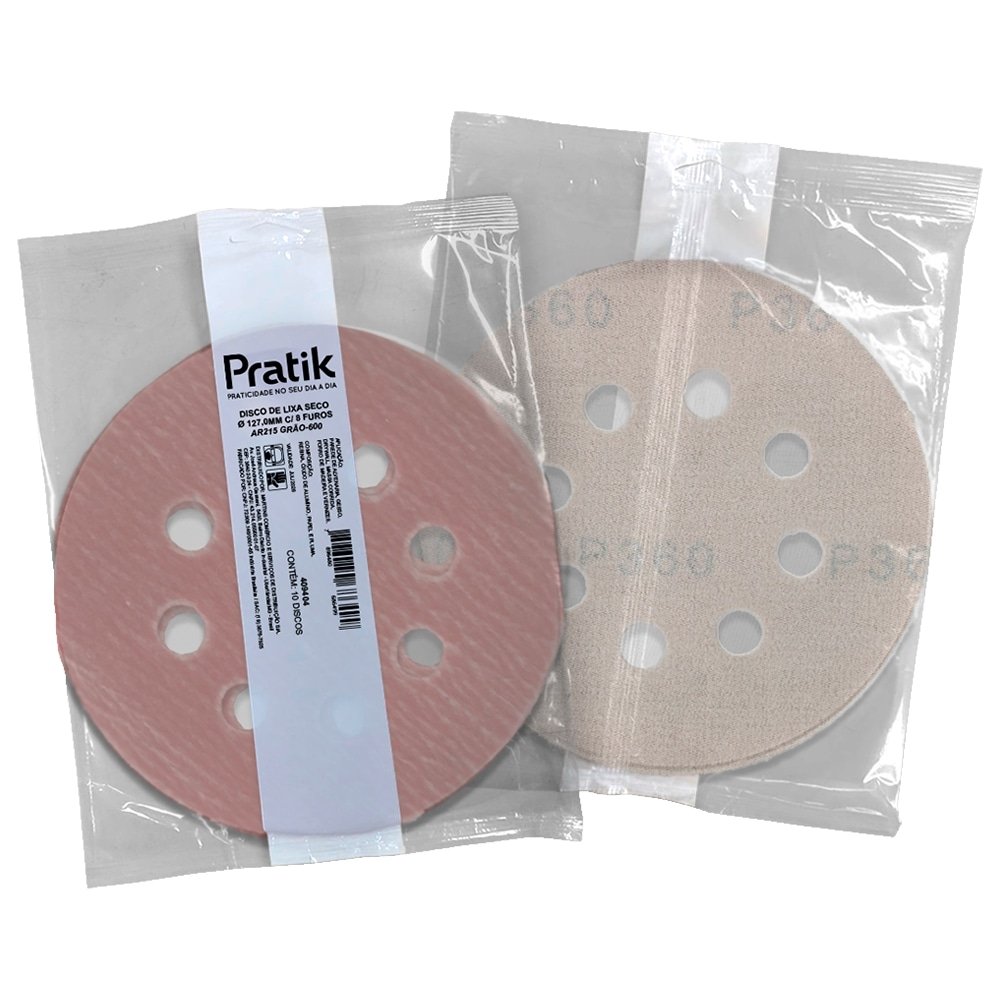 Disco Lixa Seco Pratik AR215 - 127.4mm 8 Furos com Velcro G600 - Embalagem com 10 Unidades