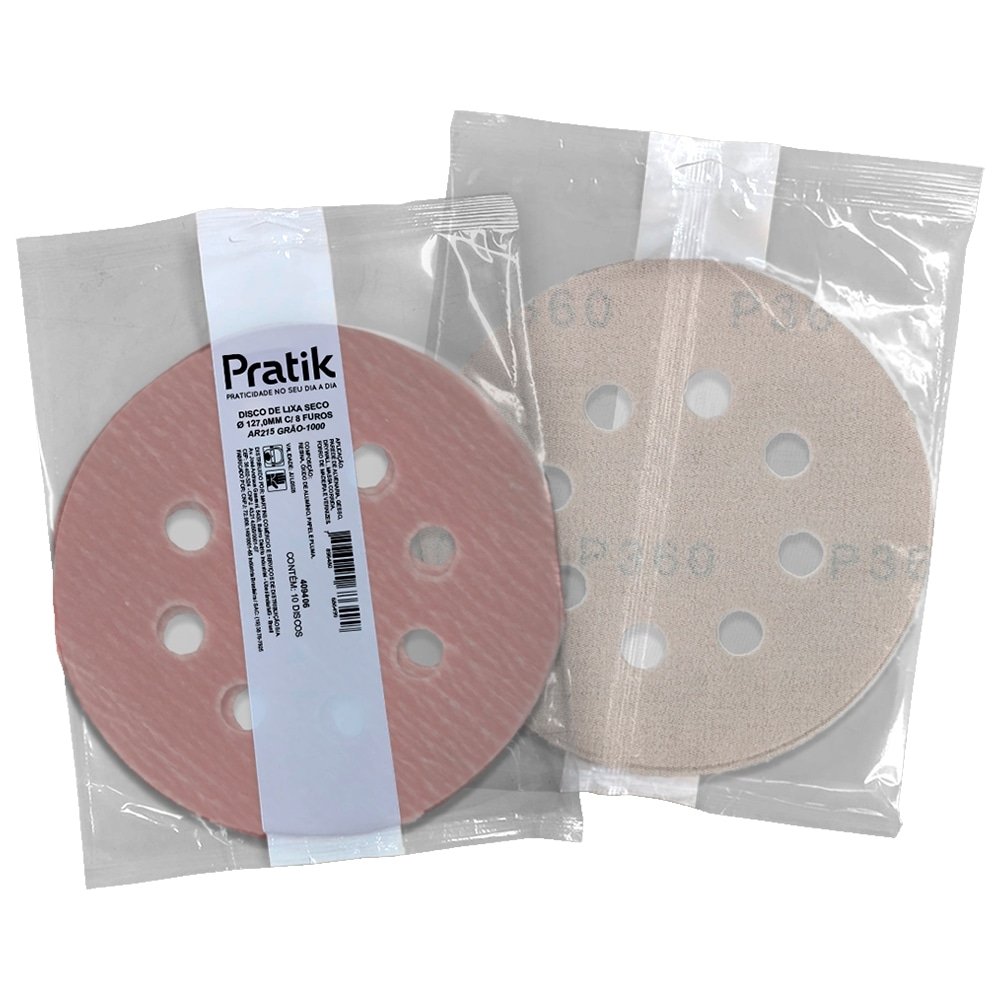 Disco Lixa Seco Pratik AR215 - 127.4mm 8 Furos com Velcro G1000 - Embalagem com 10 Unidades