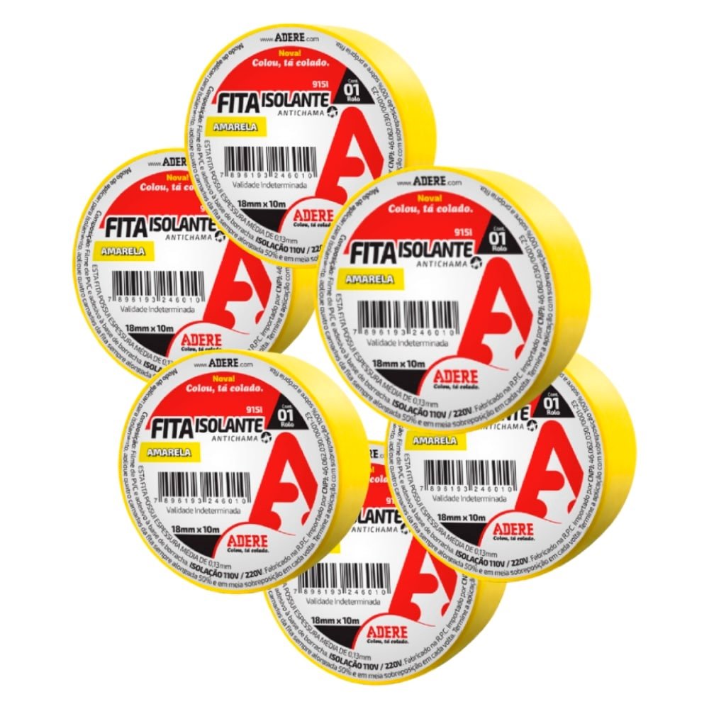 Fita Isolante Adere 18mmX10m Amarela - Embalagem com 6 Unidades