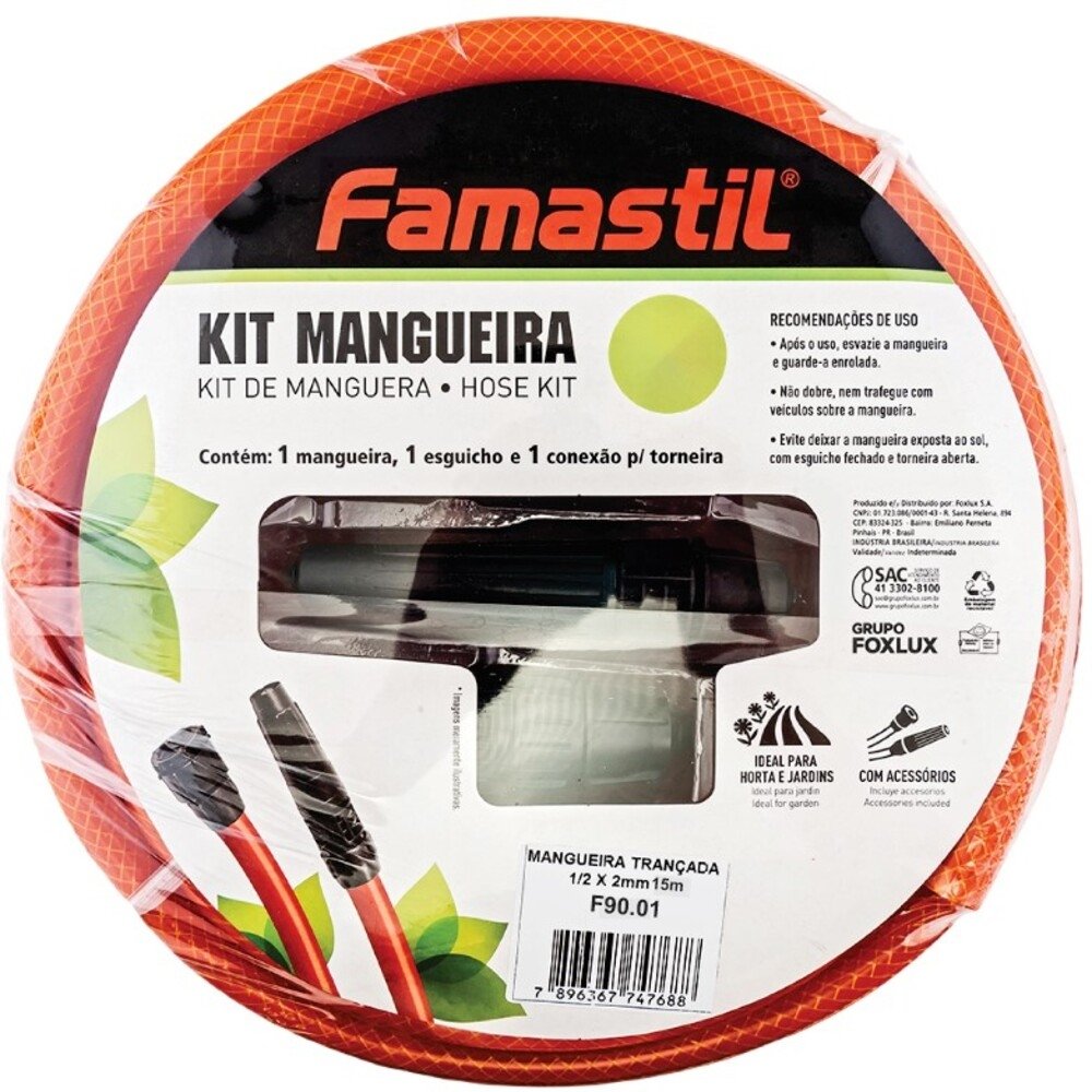 Mangueira de Jardim Famastil - Trançada Com Kit 1/2X2mm Laranja 15m