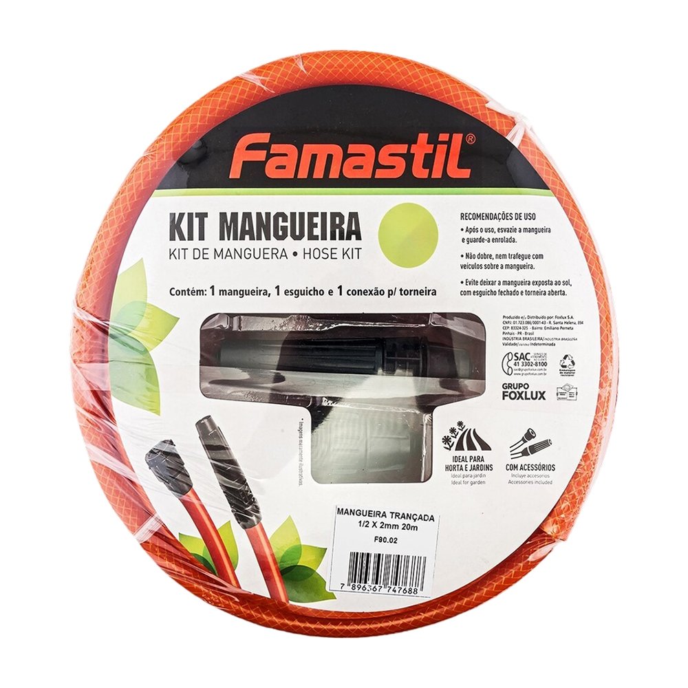 Mangueira de Jardim Famastil - Trançada Com Kit 1/2X2mm Laranja 20m
