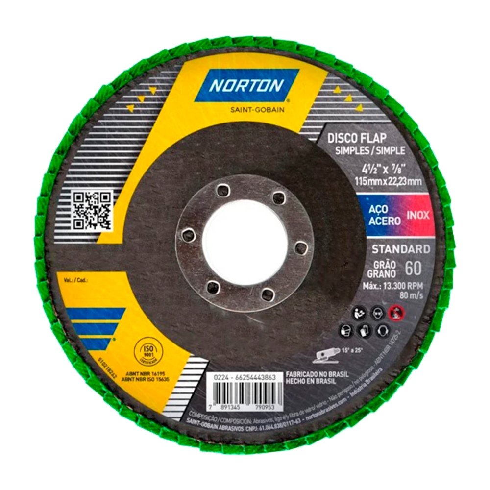Disco Flap Fibra R244 Norton Standard 4.1/2P 115x22,23mm G60 - Embalagem com 10 Unidades