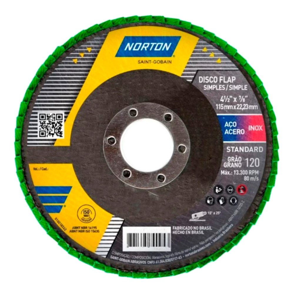 Disco Flap Fibra Norton R244 Standard 4.1/2" 115x22,23mm G120 - Embalagem com 10 Unidades.