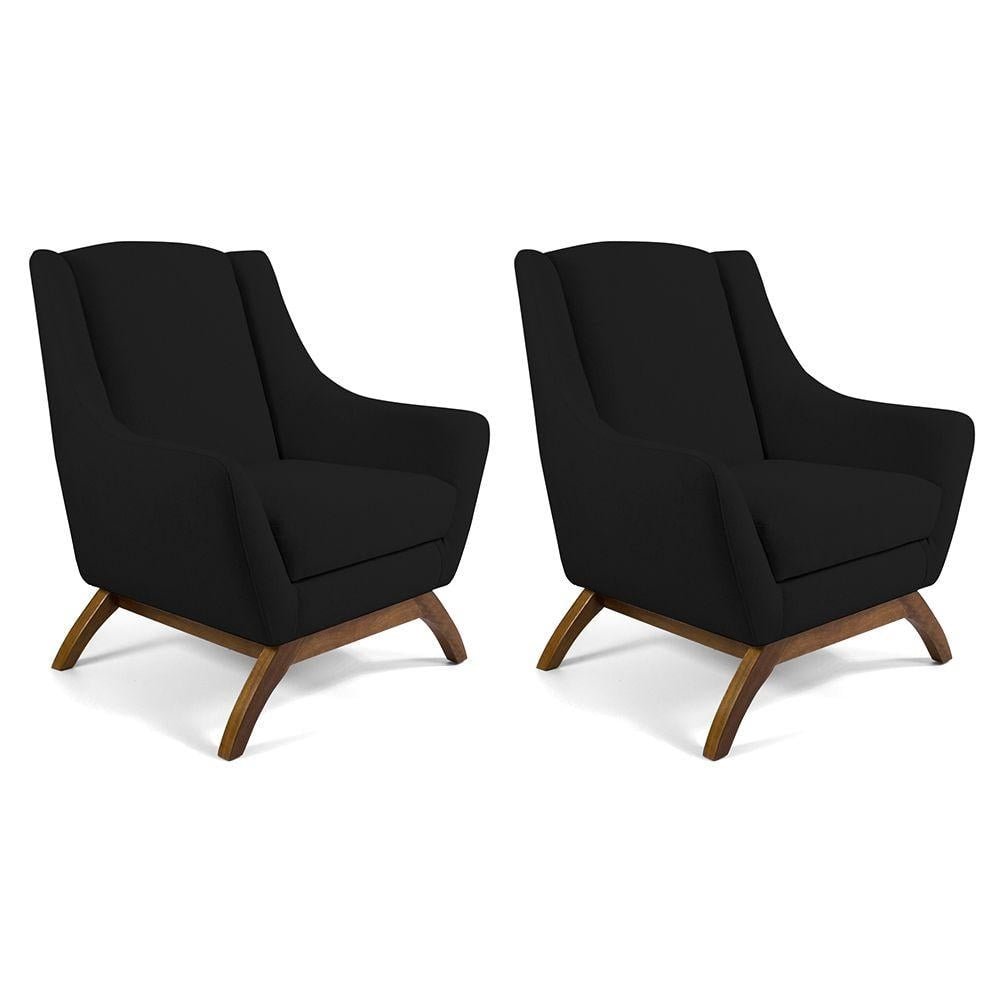 Kit 02 Poltronas Decorativas Sala de Estar Base de Madeira Naomi Veludo Preto G15 - Gran B