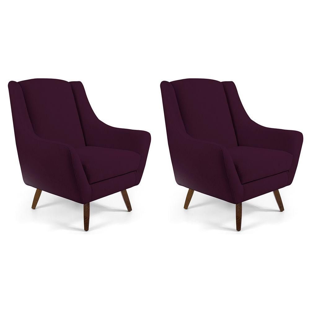 Kit 02 Poltronas Decorativas Sala de Estar Pes de Madeira Naomi Veludo Roxo Grape G15 - Gr