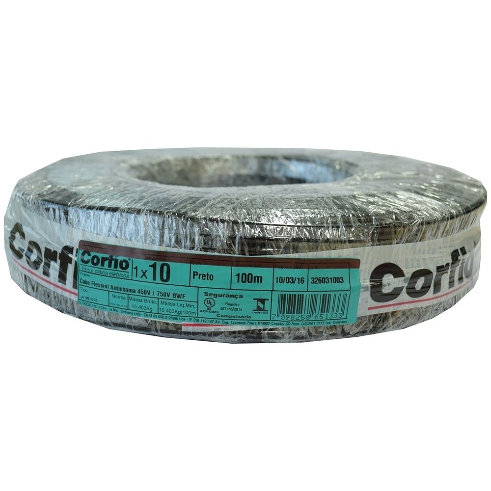 Cabo Flexível Corfio 10mmx100m Rolo 750V Preto