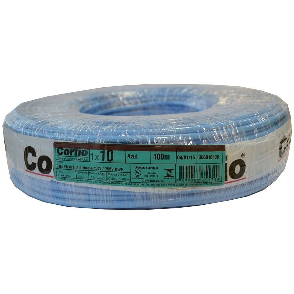 Cabo Flexível Corfio 10mmx100m Rolo 750V Azul