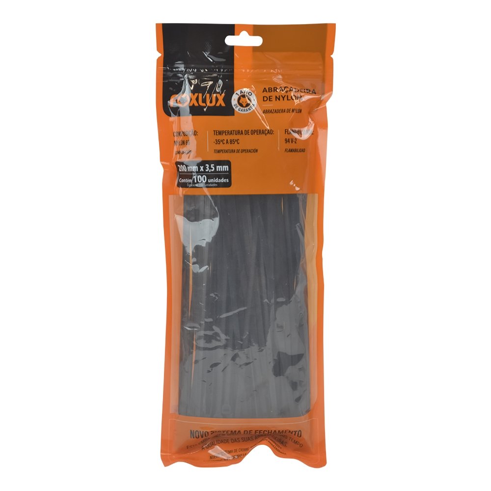Abraçadeira Nylon Nove54 200mmx3,5mm Preto - Embalagem 100 Unidades