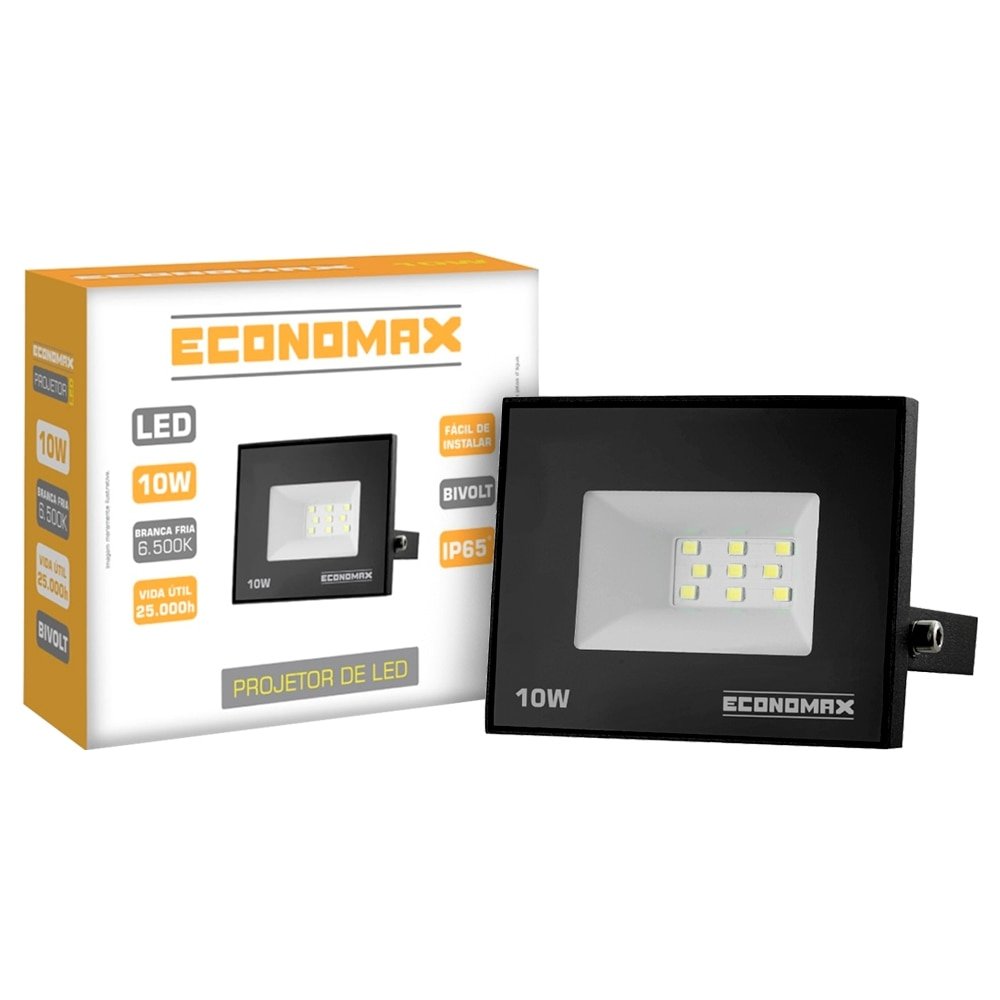 Refletor Economax Led 10W Slim Preto 6,5K 600H