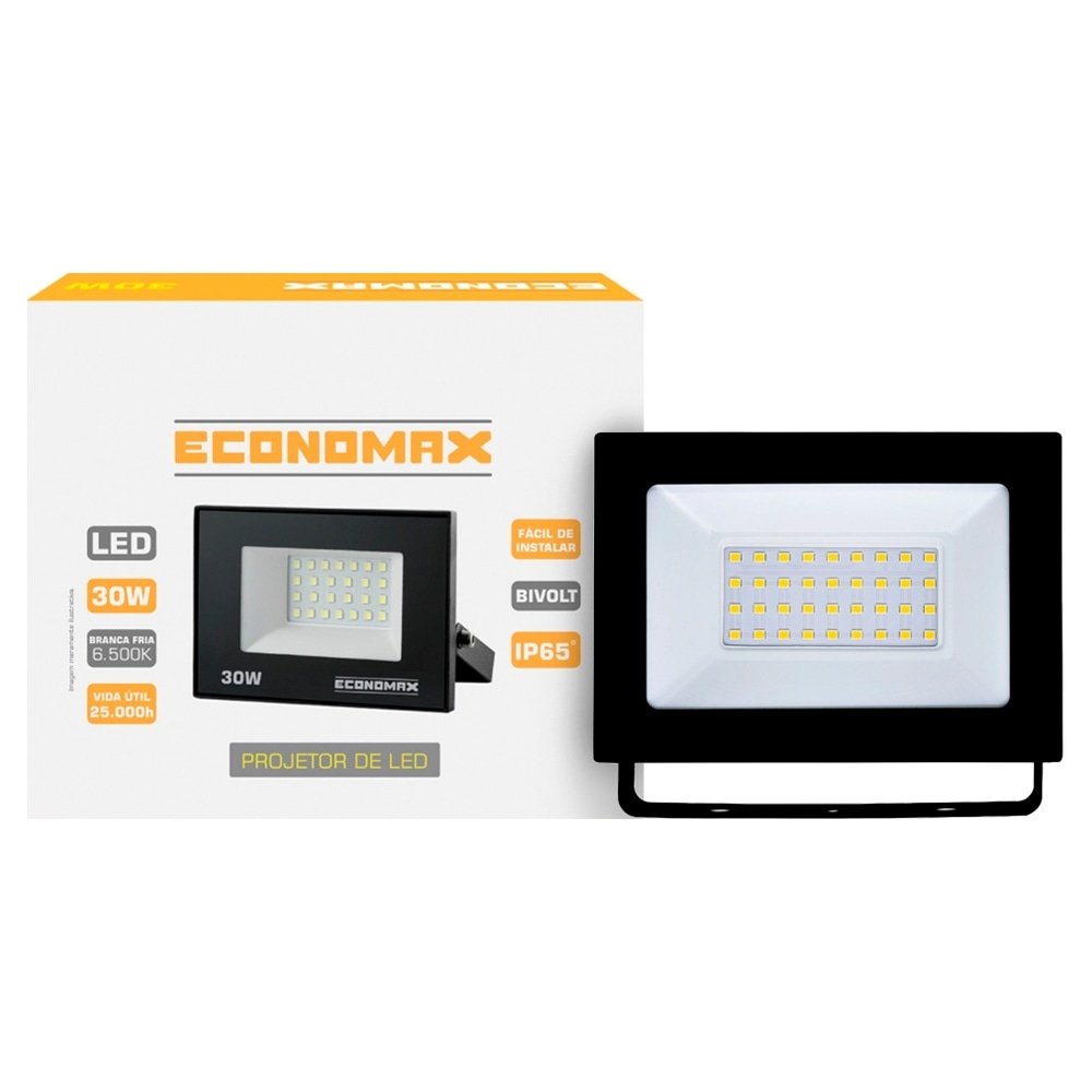 Refletor Economax Led 30W Slim Preto 6,5K 1800H