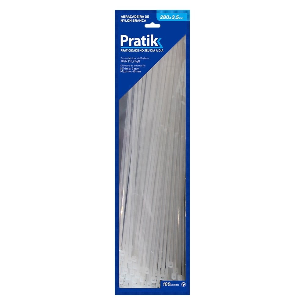 Abraçadeira Nylon Pratik 280x3,5mm Branco - Embalagem com 100 Unidades