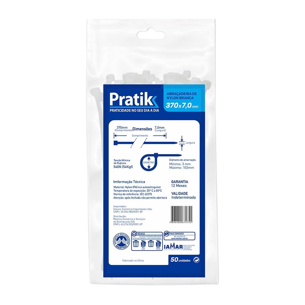 Abraçadeira Nylon Pratik 370x7,0mm Branco - Embalagem com 50 Unidades